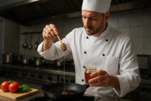 A chef drizzling Little Honey over a dish, adding golden shine and rich flavor to the food.