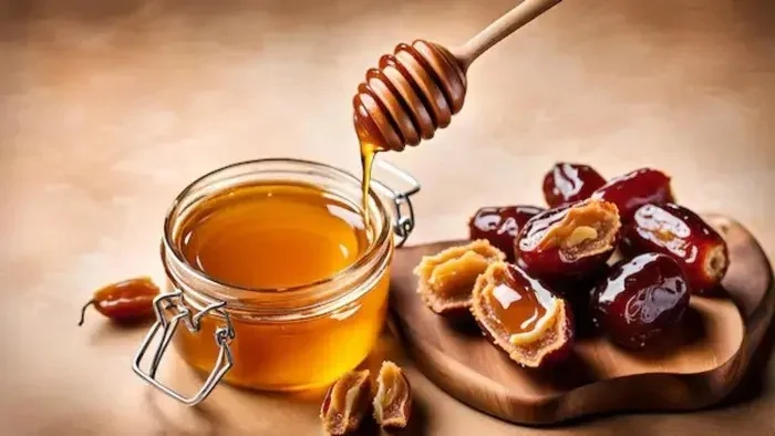 A wooden dipper drizzles golden honey into a glass jar next to a pile of fresh fruit, embodying Natural Wellness with Honey & Ajwa Dates.