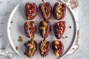A plate of gourmet dates stuffed with nuts and seeds, showing a delicious way to Eat dates for health.