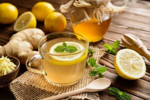 Honey superfoods for immunity with lemon, ginger tea and natural organic health ingredients.