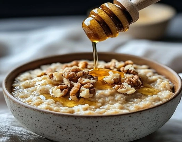 A bowl of creamy overnight oats with Ajwa and Sidr honey, topped with walnuts and a fresh honey drizzle.