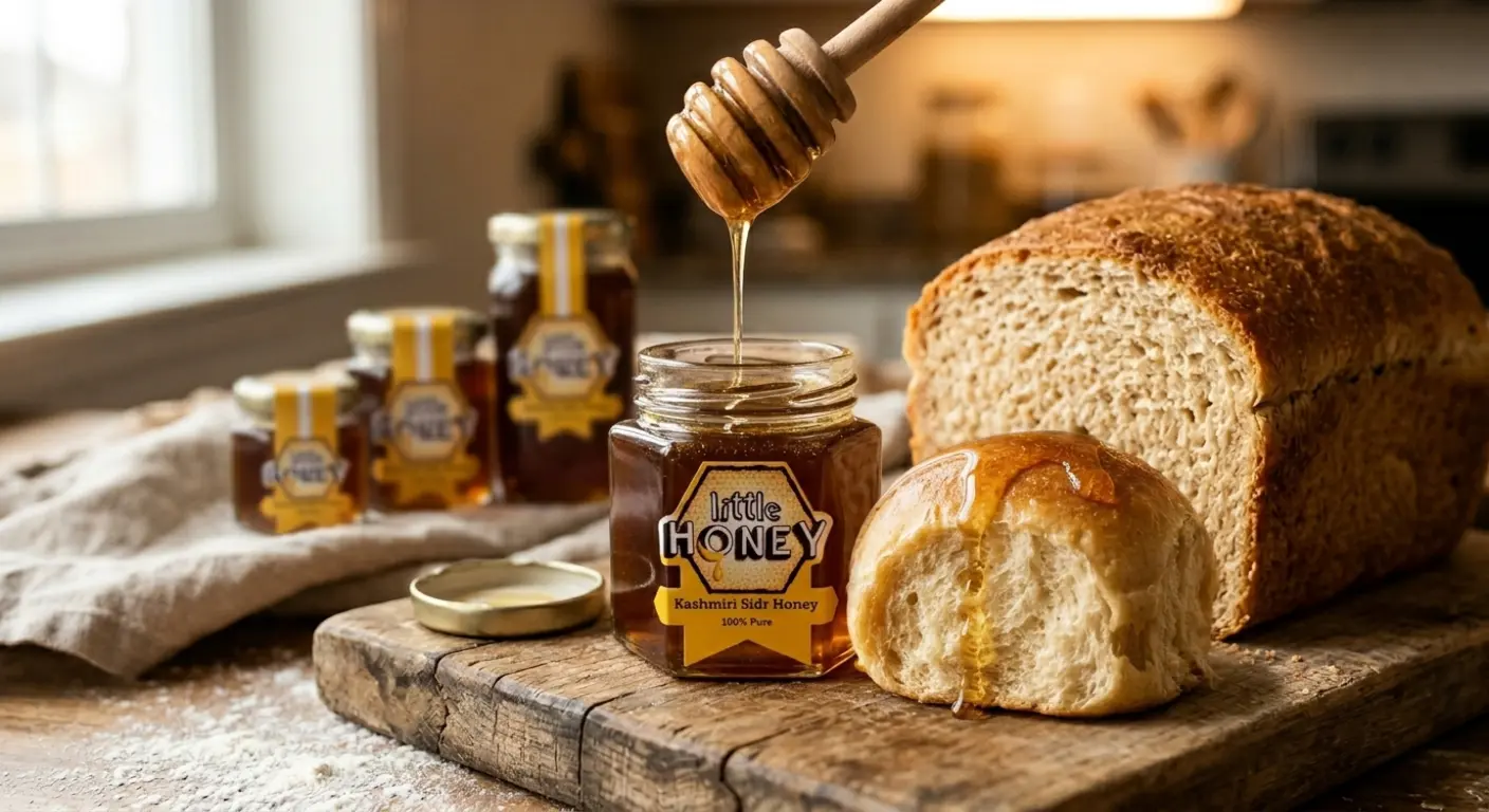 A honey dipper drizzles golden honey over fresh bread, highlighting baking bread with honey.