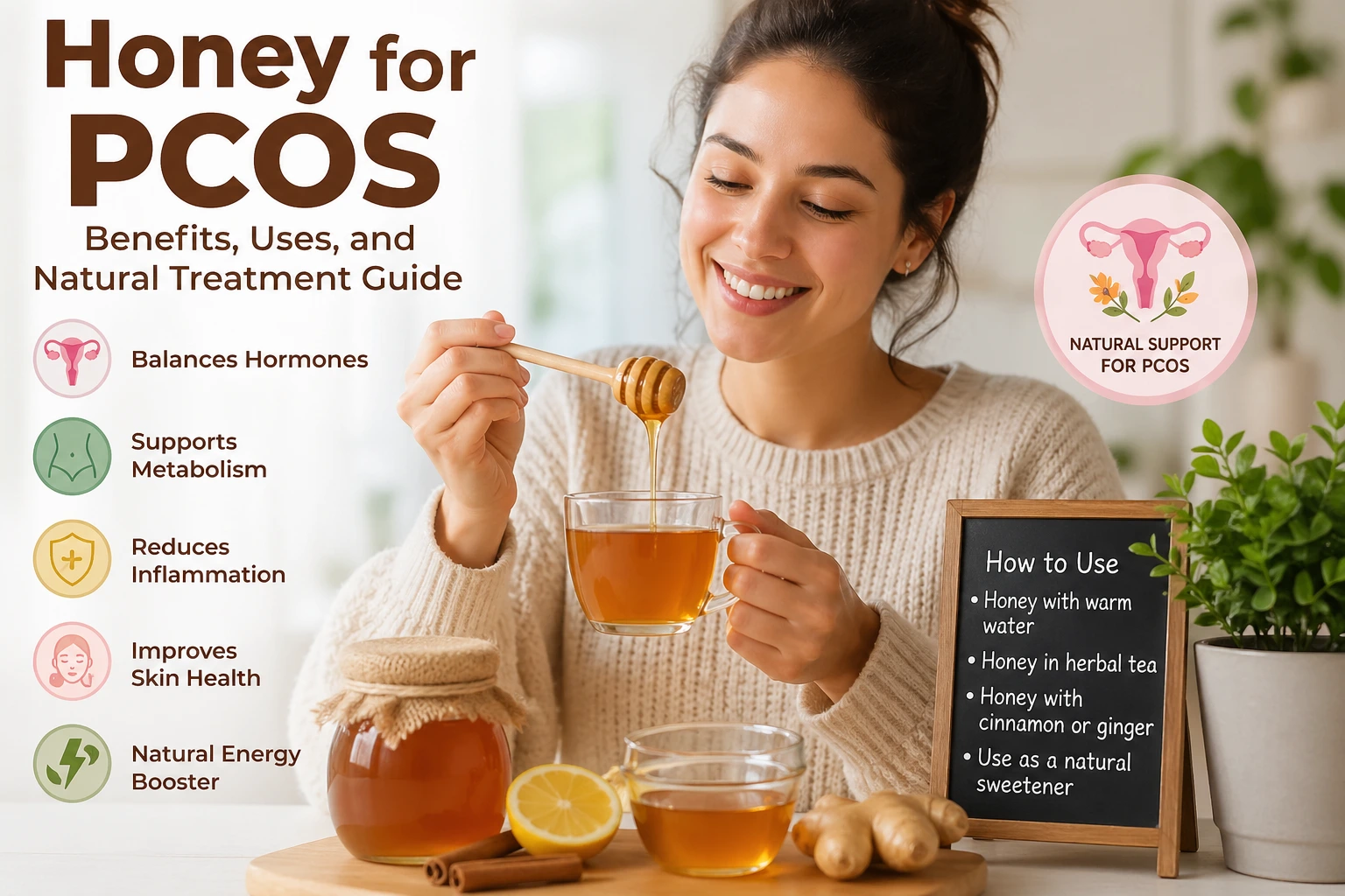 Honey for PCOS natural sweetener in spoon with golden honey dripping, healthy concept