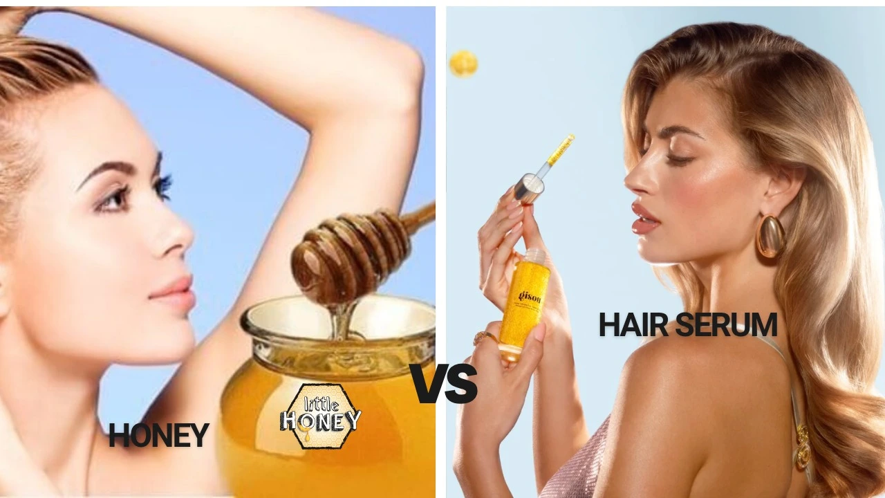 Honey vs hair serum: natural vs cosmetic hair care comparison illustration