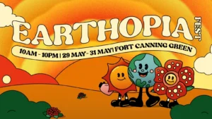Earthopia Fest poster with retro cartoon sun, earth, and flower characters.