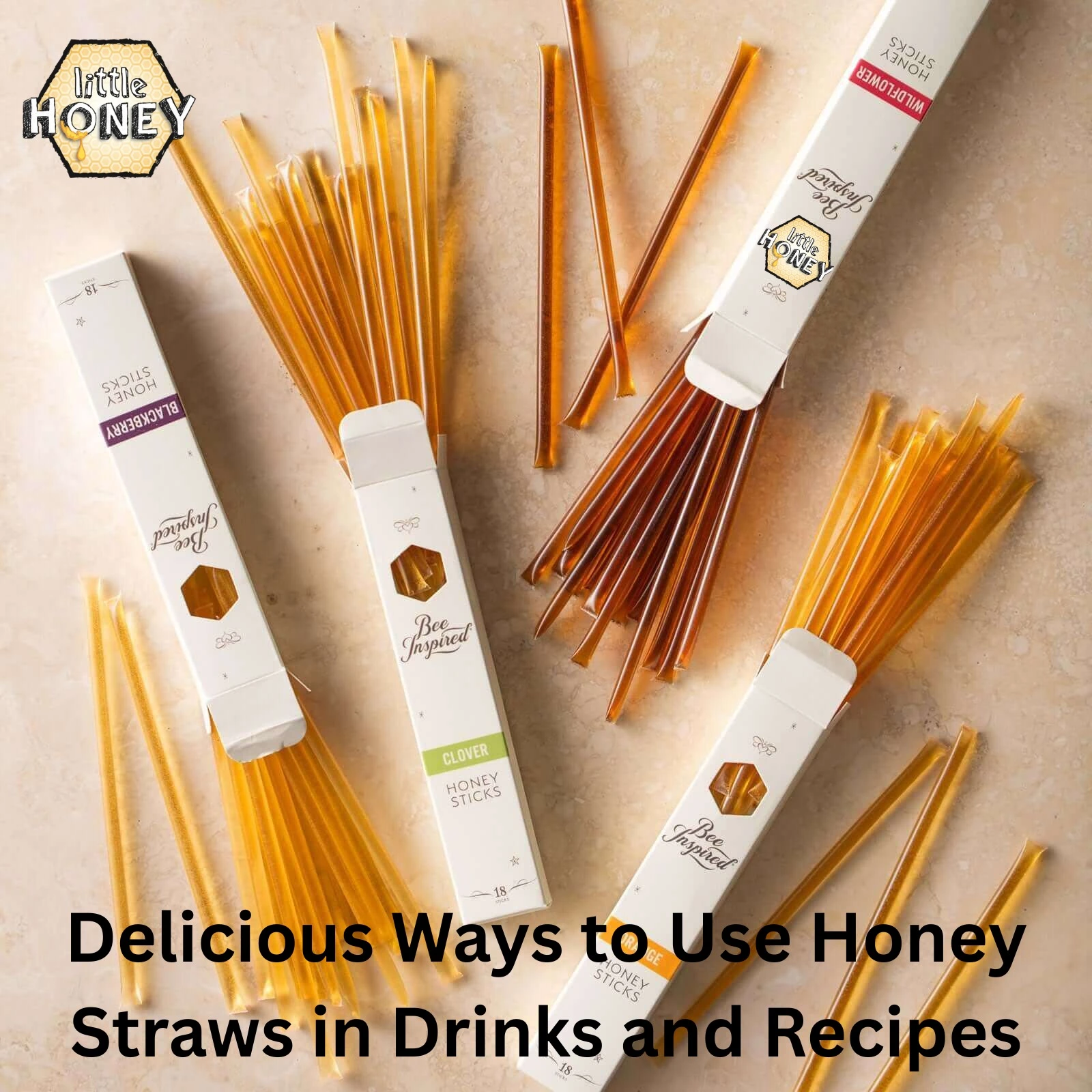 Honey straws in different flavors for drinks, tea, snacks, and recipe ingredients.
