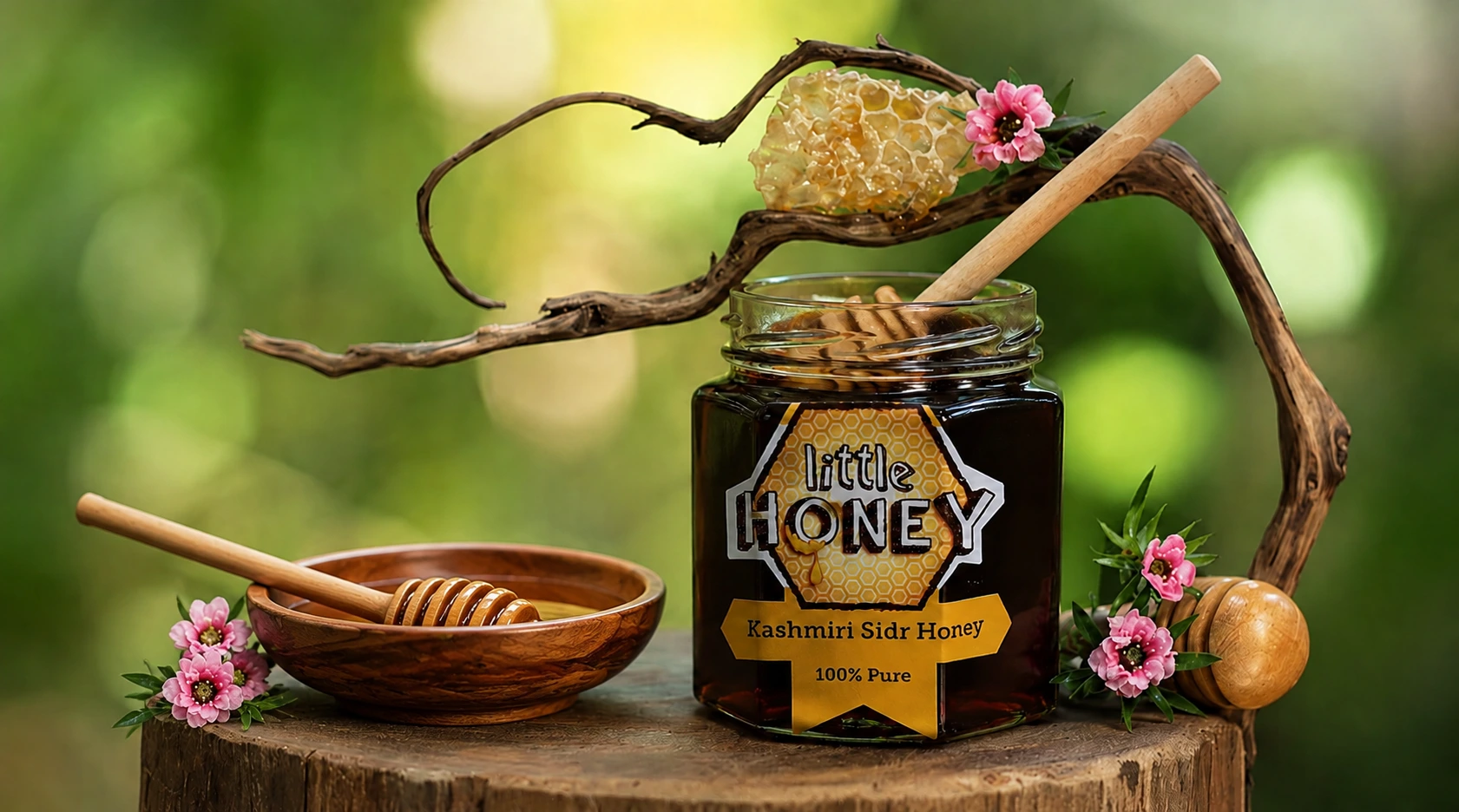 A glass jar of Little Honey Kashmiri Sidr Honey with a wooden dipper resting on top, placed next to a raw honeycomb piece on a rustic branch background.