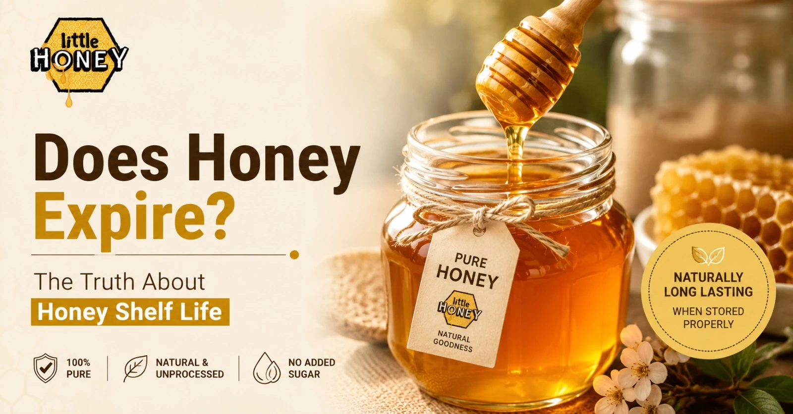 A jar of golden honey next to a honey dipper, featuring the article title "Does Honey Expire? The Truth About Honey Shelf Life" and the Little Honey logo.