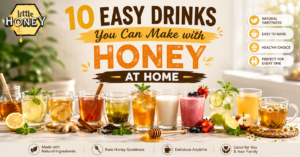 An infographic showcasing various healthy drinks made with honey.