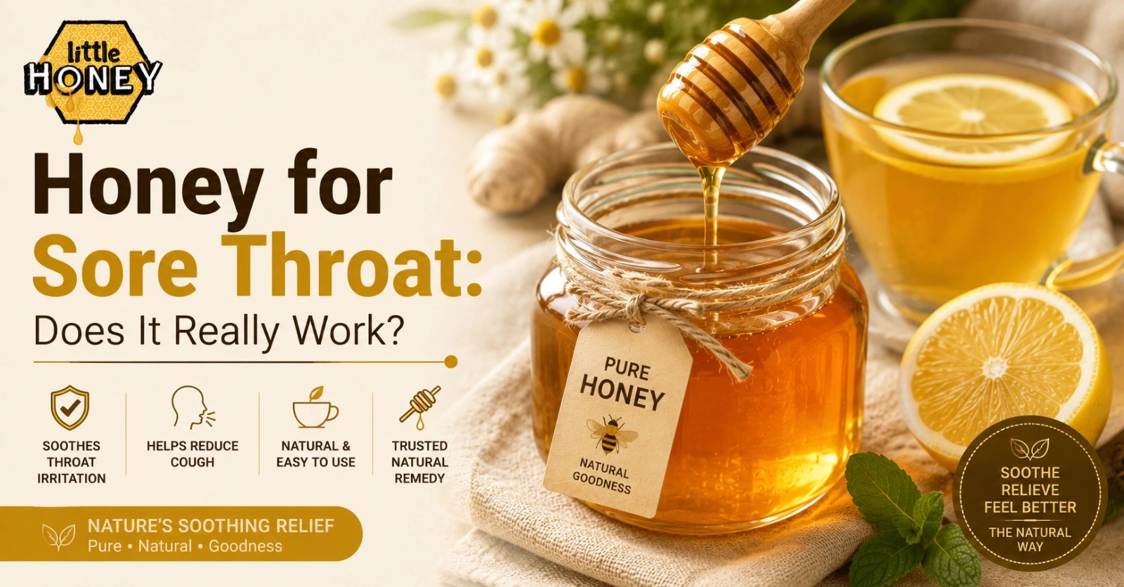 Little Honey jar with a wooden dipper showcasing natural honey for sore throat relief and throat comfort.