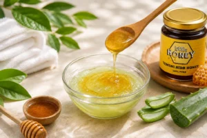 Fresh honey pouring into gel to make an aloe vera and honey face mask for skincare.