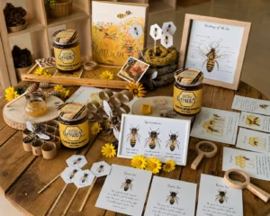 A collection of pure honey jars, decorative honeycombs, a wooden honey dipper, and informative bee posters arranged on a rustic wooden surface for a children's workshop