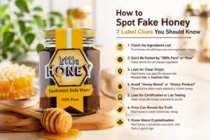 Jar of Kashmiri Sidr honey with 7 label tips to spot fake honey and identify pure, authentic honey.