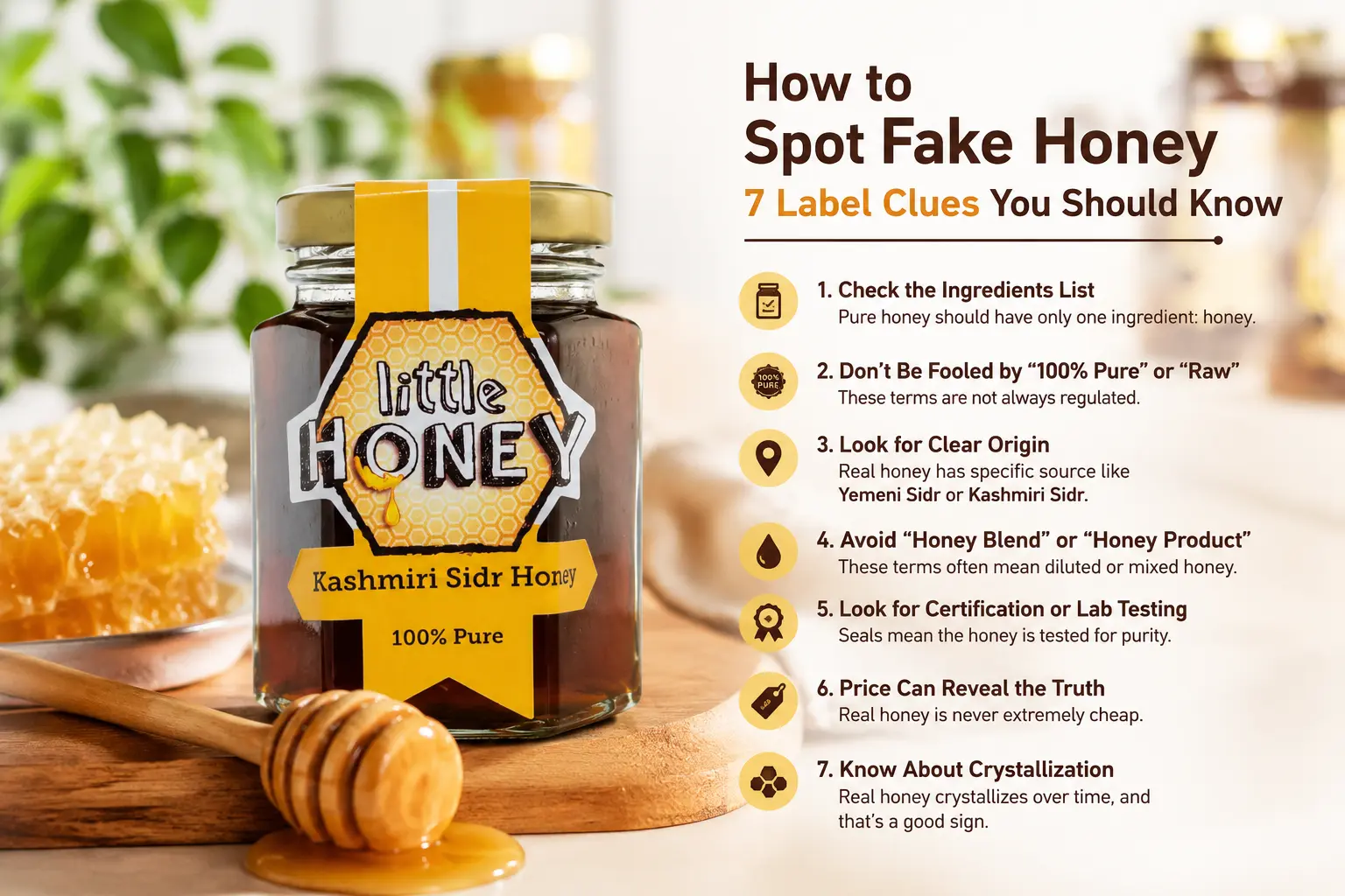 Jar of Kashmiri Sidr honey with 7 label tips to spot fake honey and identify pure, authentic honey.