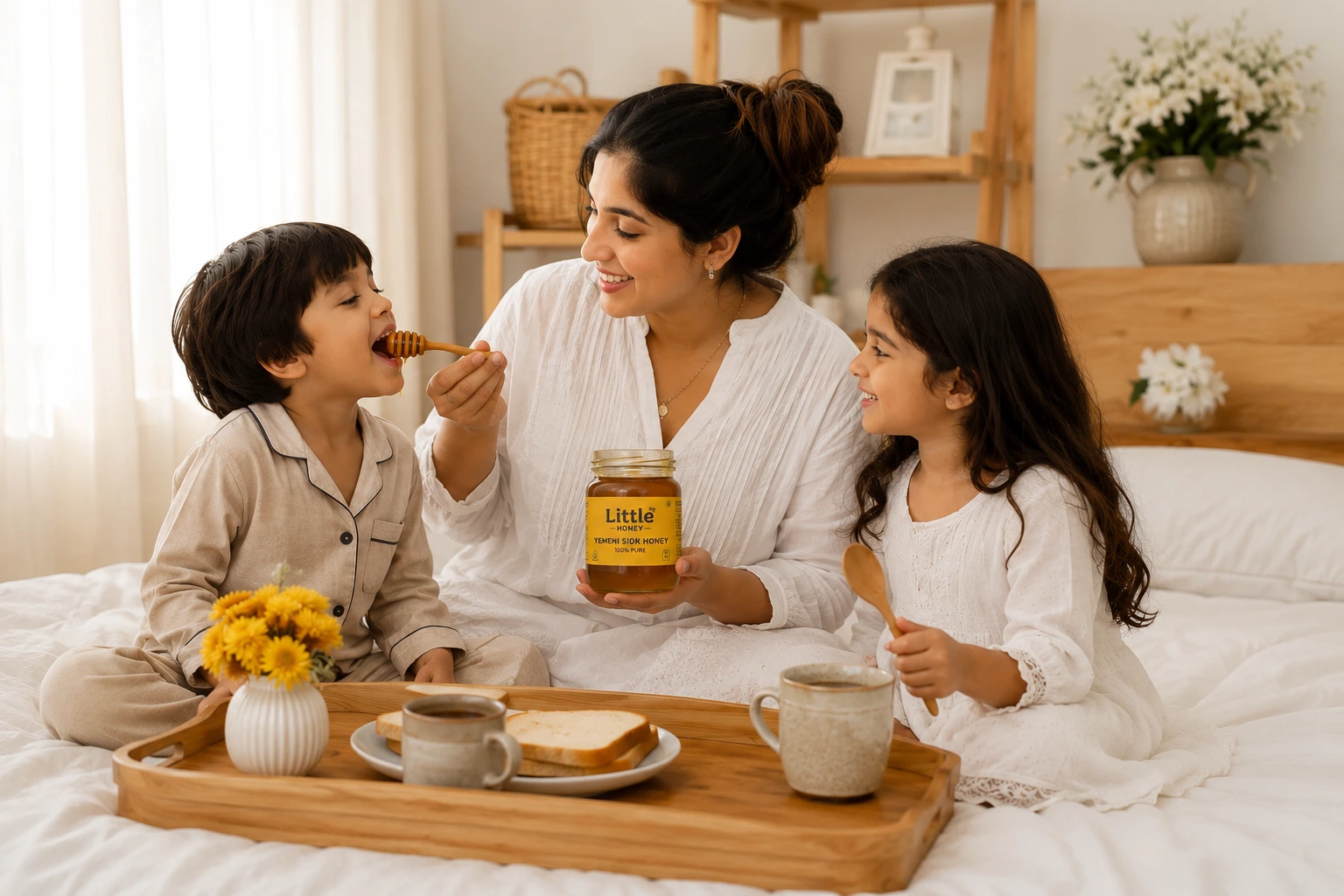 Mother feeding Yemeni Sidr honey to her children during a cozy family breakfast morning scene