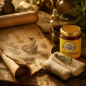 Honey for wound healing with Little Honey Yemeni Sidr Honey jar on a rustic wooden table with herbal tools.