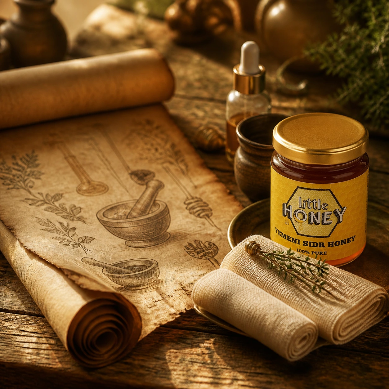 Honey for wound healing with Little Honey Yemeni Sidr Honey jar on a rustic wooden table with herbal tools.