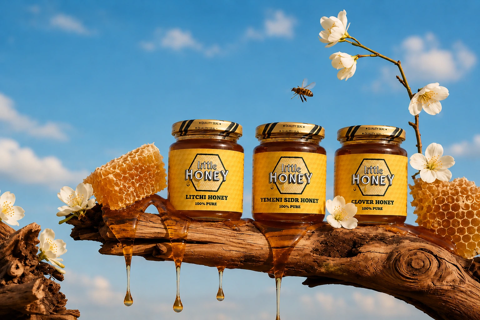 A glass jar of Little Honey Kashmiri Sidr Honey with a wooden dipper resting on top, placed next to a raw honeycomb piece on a rustic branch background.