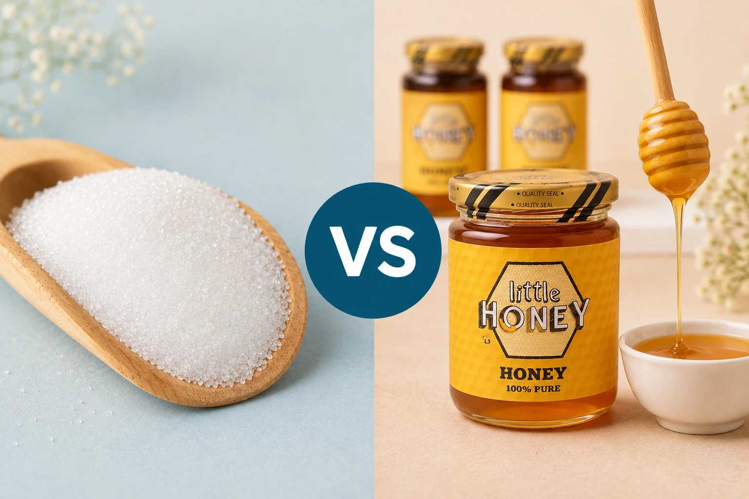 A split-screen comparison image with a circular "VS" logo in the center. On the left side, a white bowl is filled with refined white granulated sugar against a light blue background. On the right side, two glass jars of Little Honey sit next to a wooden honey dipper against a warm, neutral background.
