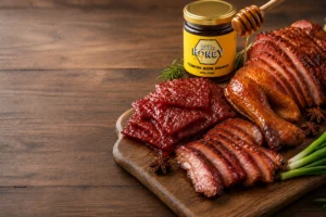 Pure honey pouring over roasted chicken and jerky in a honey glazed meats display.