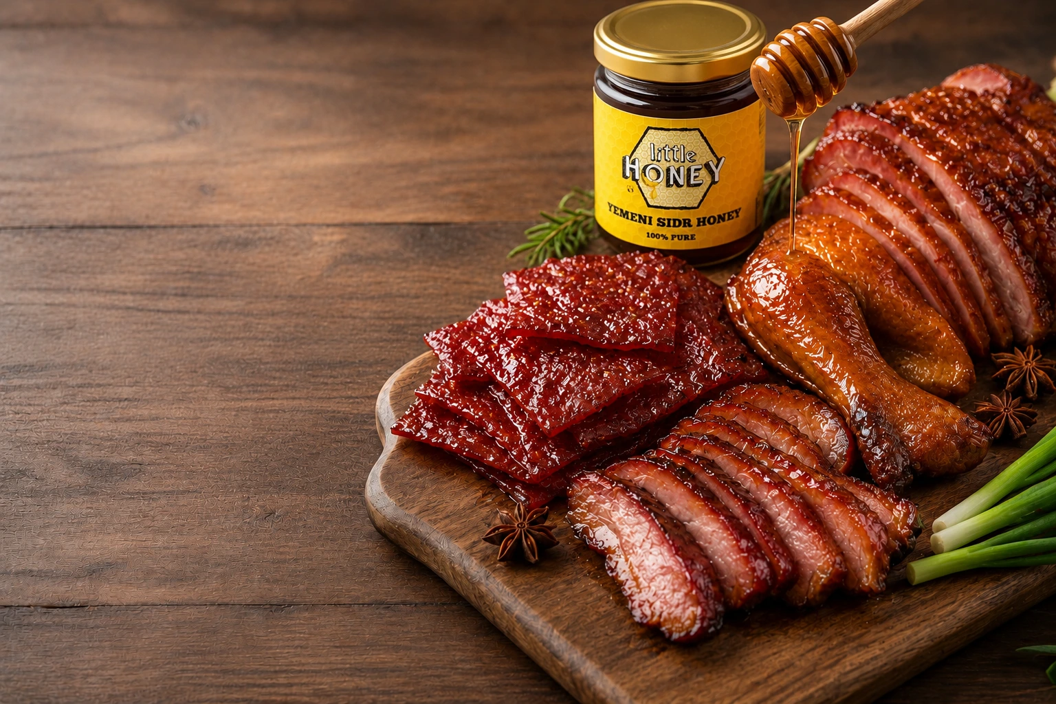 Pure honey pouring over roasted chicken and jerky in a honey glazed meats display.