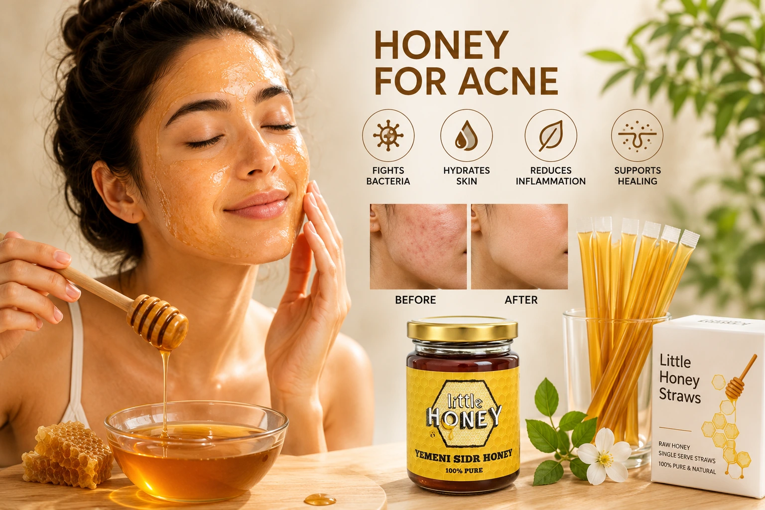 Woman applying face mask with benefits of raw Honey for Acne treatment.