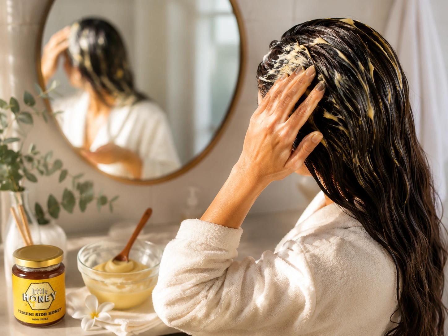 Woman applying a natural scalp treatment using pure honey for dandruff relief.