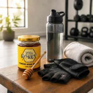 Honey jar with workout gear on table highlighting Honey for Energy.