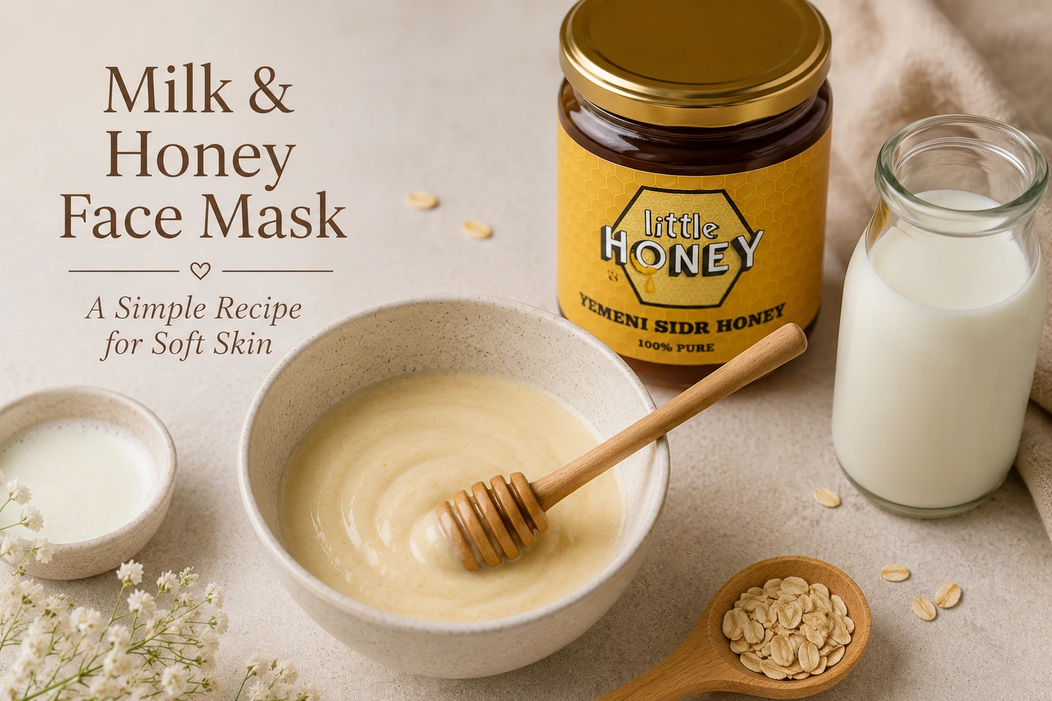 Bowl of mixture, milk jar, and honey jar for a DIY milk and honey face mask recipe.