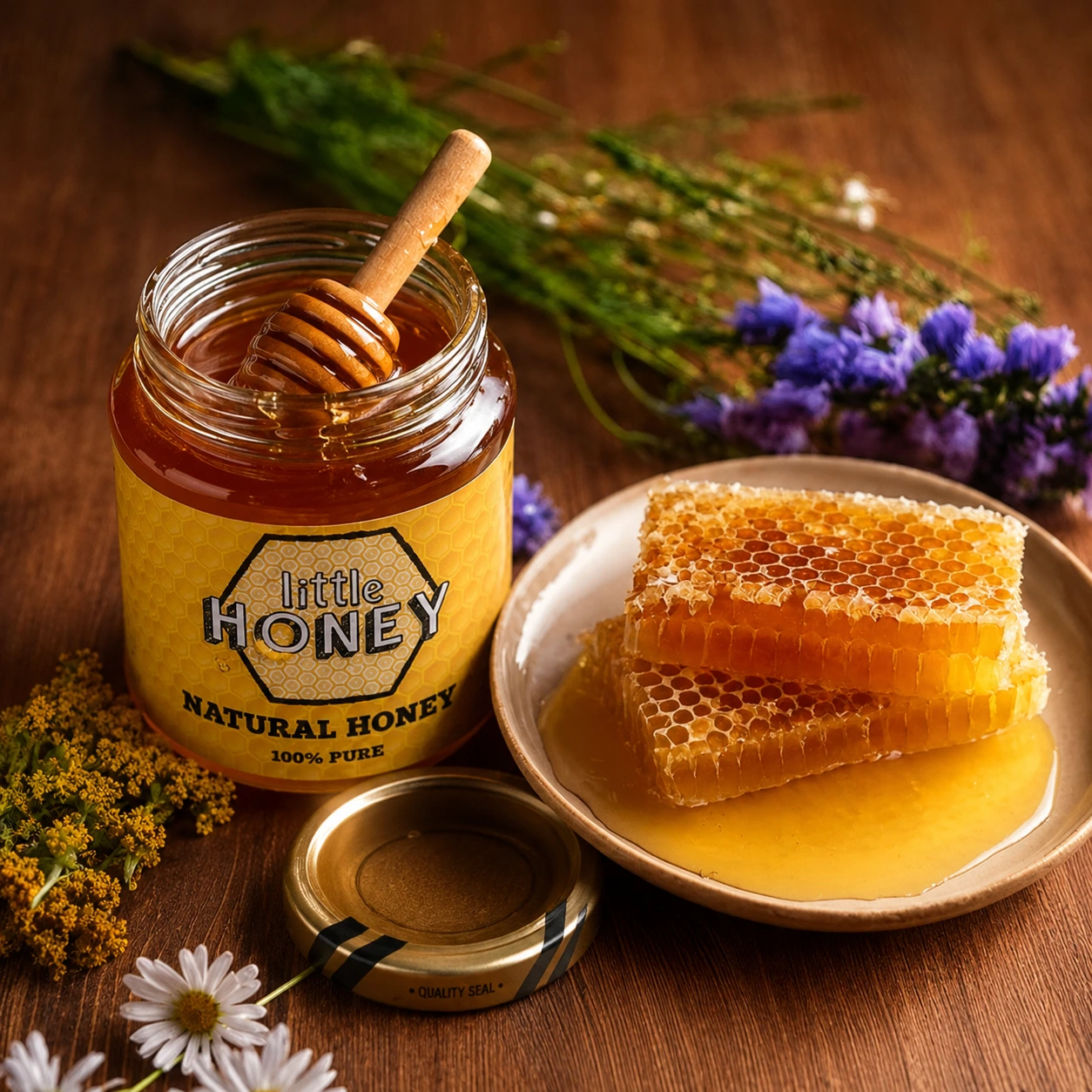 A jar of organic natural honey next to fresh honeycombs on a rustic wooden table.