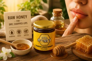 Woman applying product on lips showcasing Raw Honey for Lips benefits.