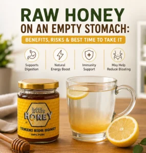 Honey jar with warm lemon water showing Raw Honey on an Empty Stomach.