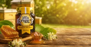 Little Honey Kashmiri Sidr Honey jar placed outdoors, known as a Trusted Honey brand.