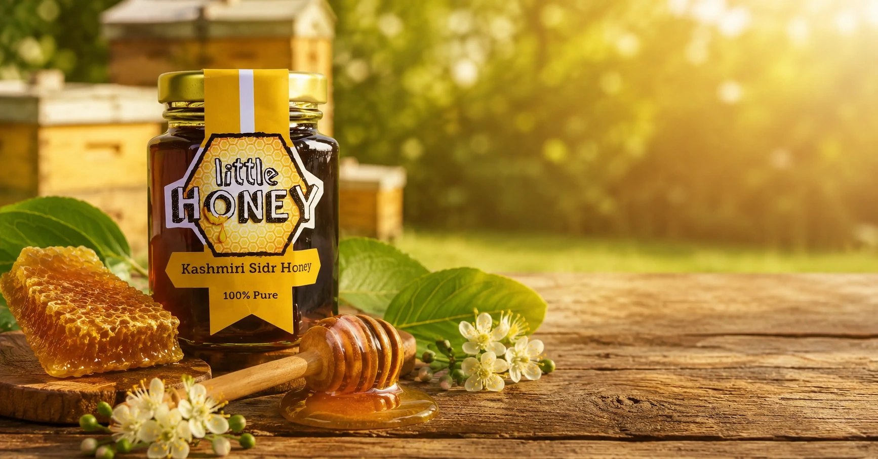 Little Honey Kashmiri Sidr Honey jar placed outdoors, known as a Trusted Honey brand.