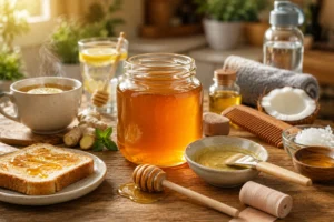Honey jar with tea, toast, and skincare items showing Uses of Honey.