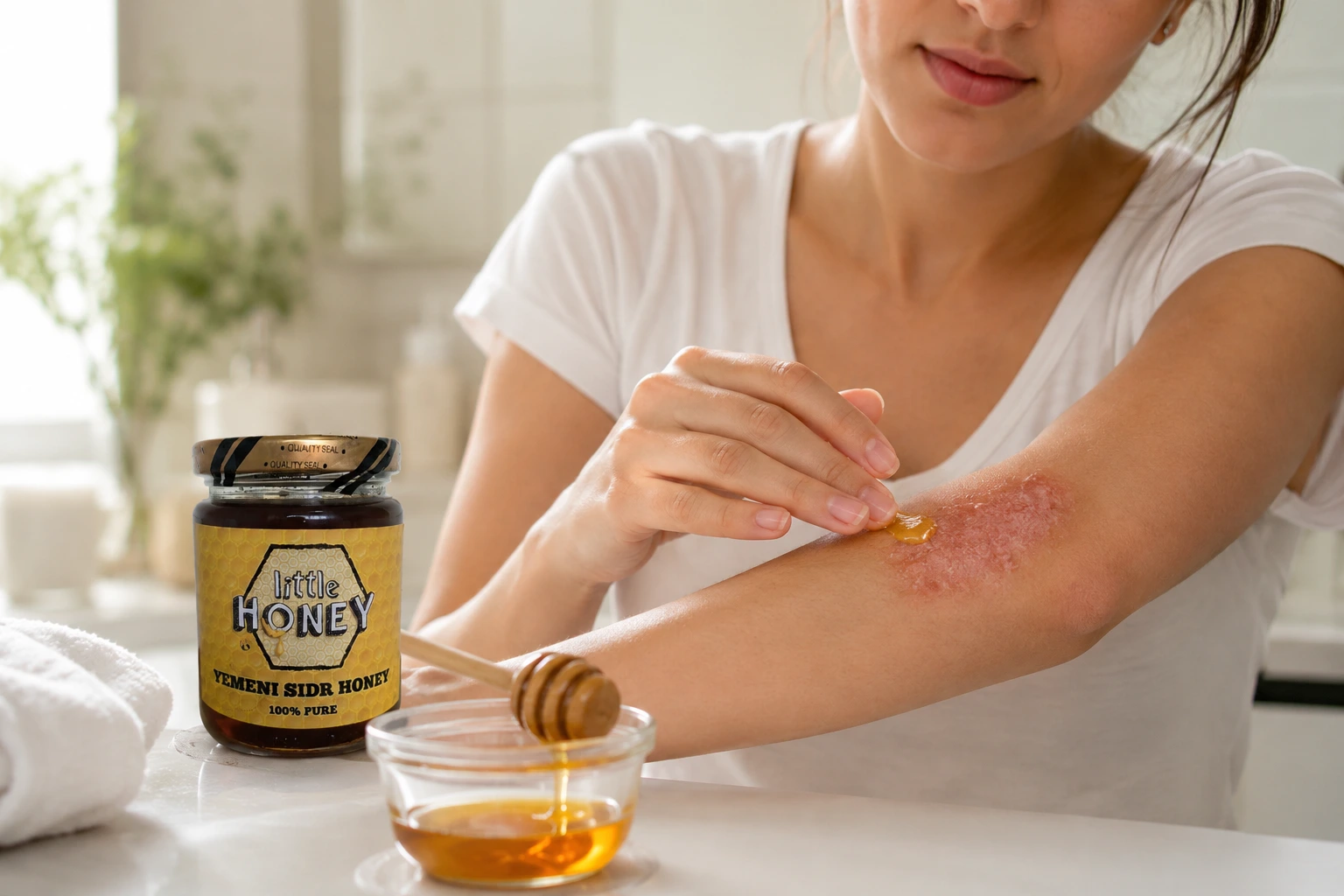 Applying natural honey for eczema on irritated skin to soothe irritation.