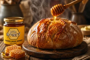 Fresh bread topped with pure honey in bakery setting for natural sweetness.