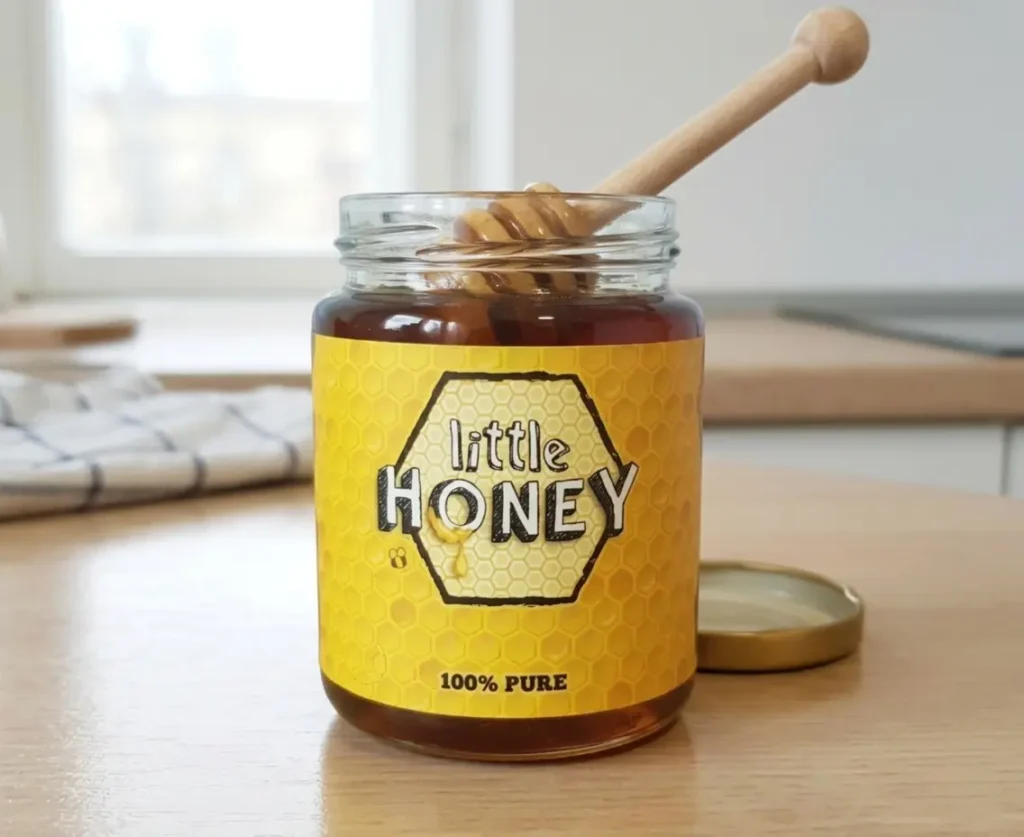 A glass jar of Little Honey Simple Honey with a wooden dipper resting on top, placed next to a glass of milk on a kitchen table.