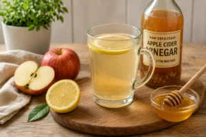 Glass cup with lemon slice, bottle, and honey bowl for Apple Cider Vinegar and Honey.