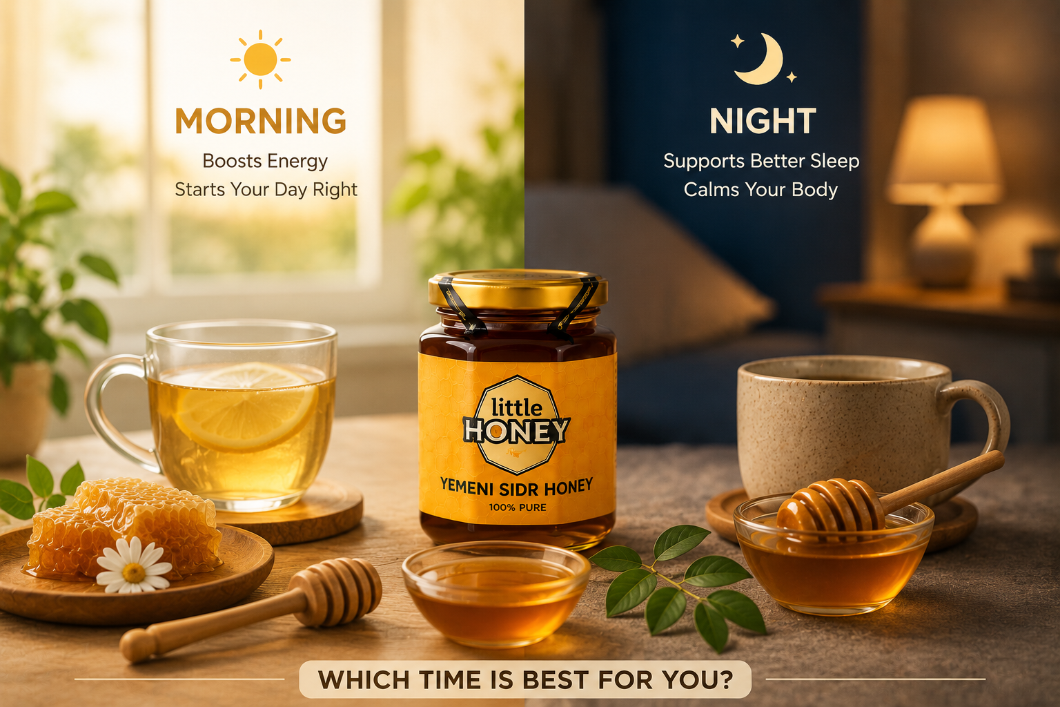 Morning vs night benefits comparison graphic for Best Time to Consume Honey.