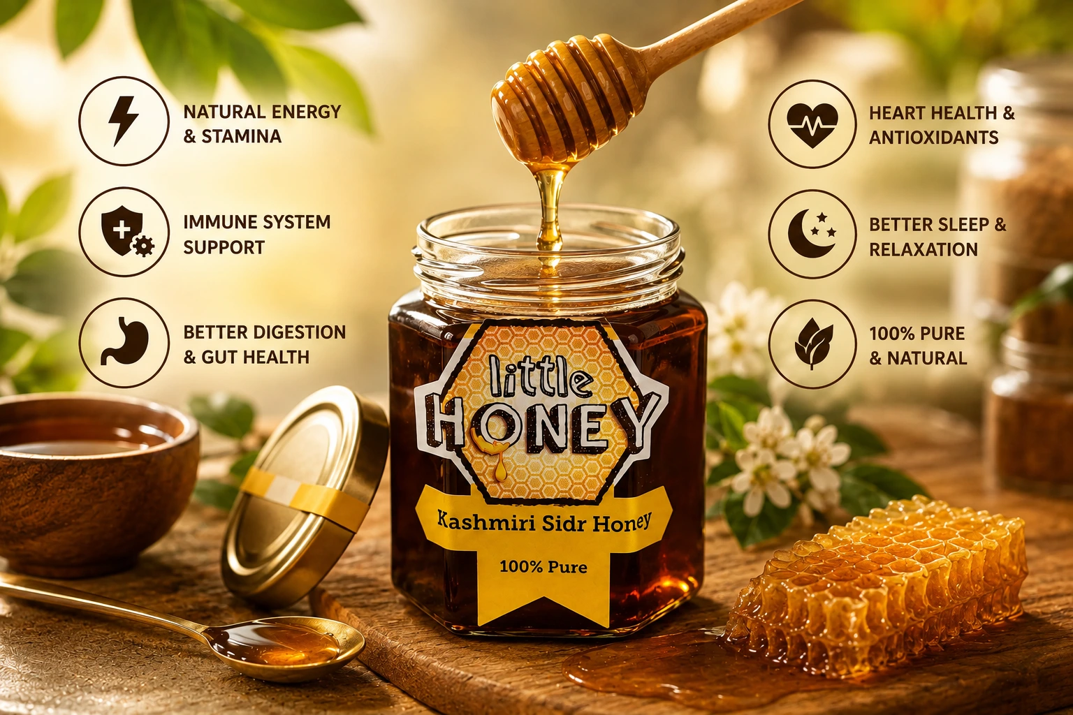 Pure Kashmiri Sidr honey jar with health icons highlighting Honey Benefits for Men.