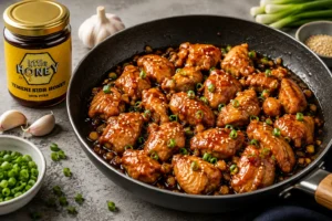 Pan of glazed chicken bites with sesame seeds and honey jar for Honey Garlic Chicken.