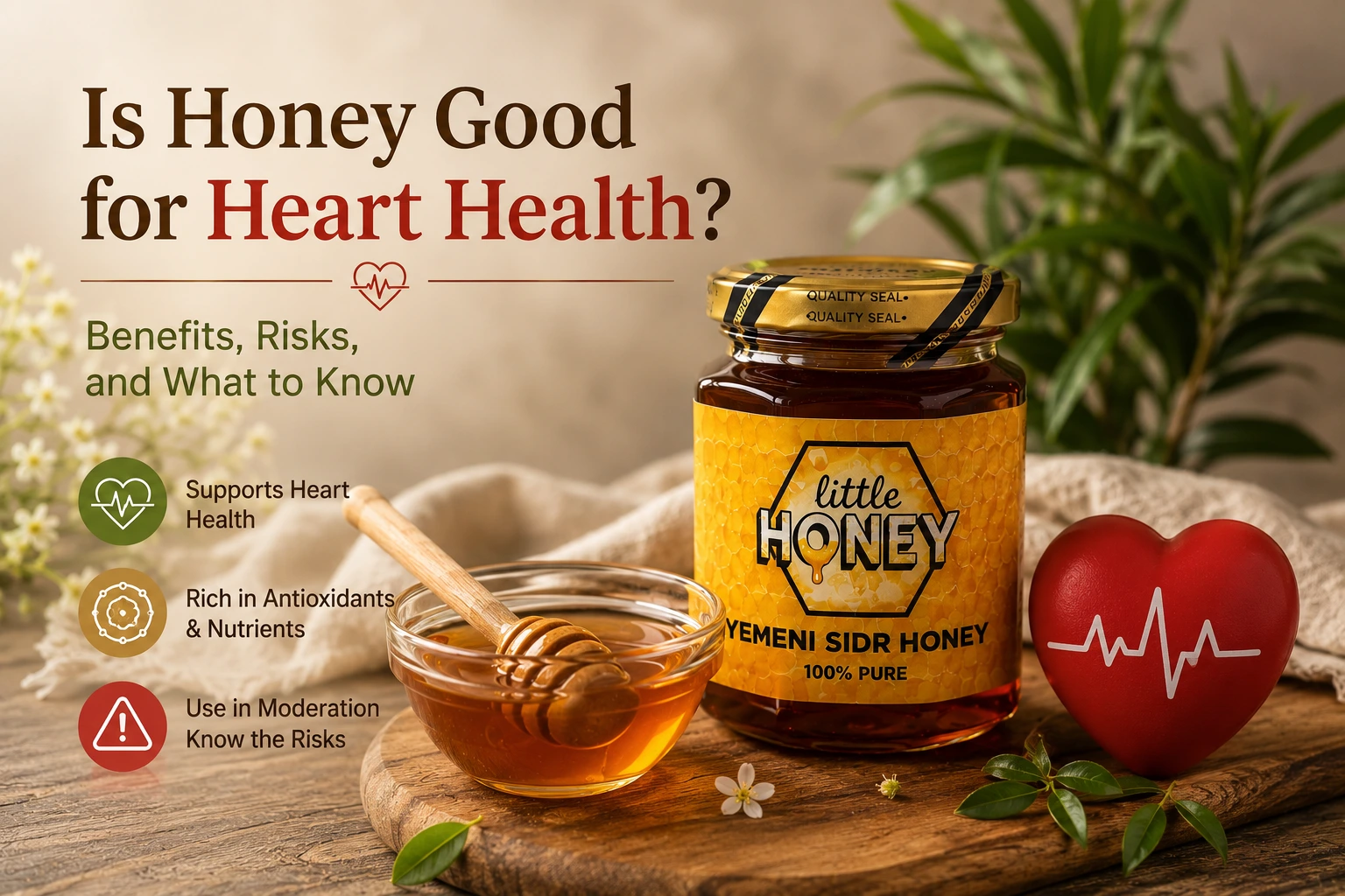Pure honey jar, glass dipper bowl, and heart icon exploring Honey Good for Heart Health.