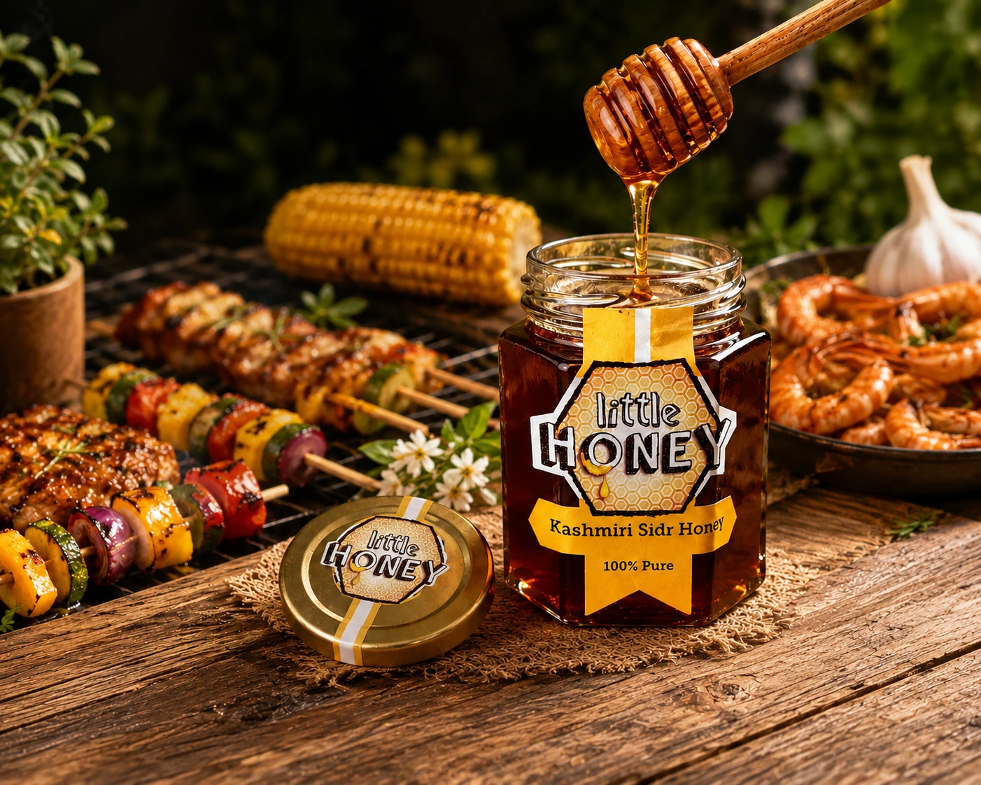 Pure honey jar with dipper next to grilled skewers and shrimp for Honey Grilling Recipes.