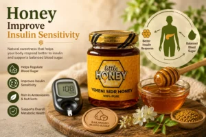 Pure honey jar next to glucose meter explaining how Honey Improve Insulin Sensitivity.