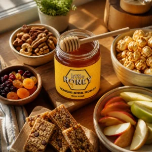 Pure honey jar surrounded by nuts, popcorn, and fruit slices for healthy Honey Snacks.