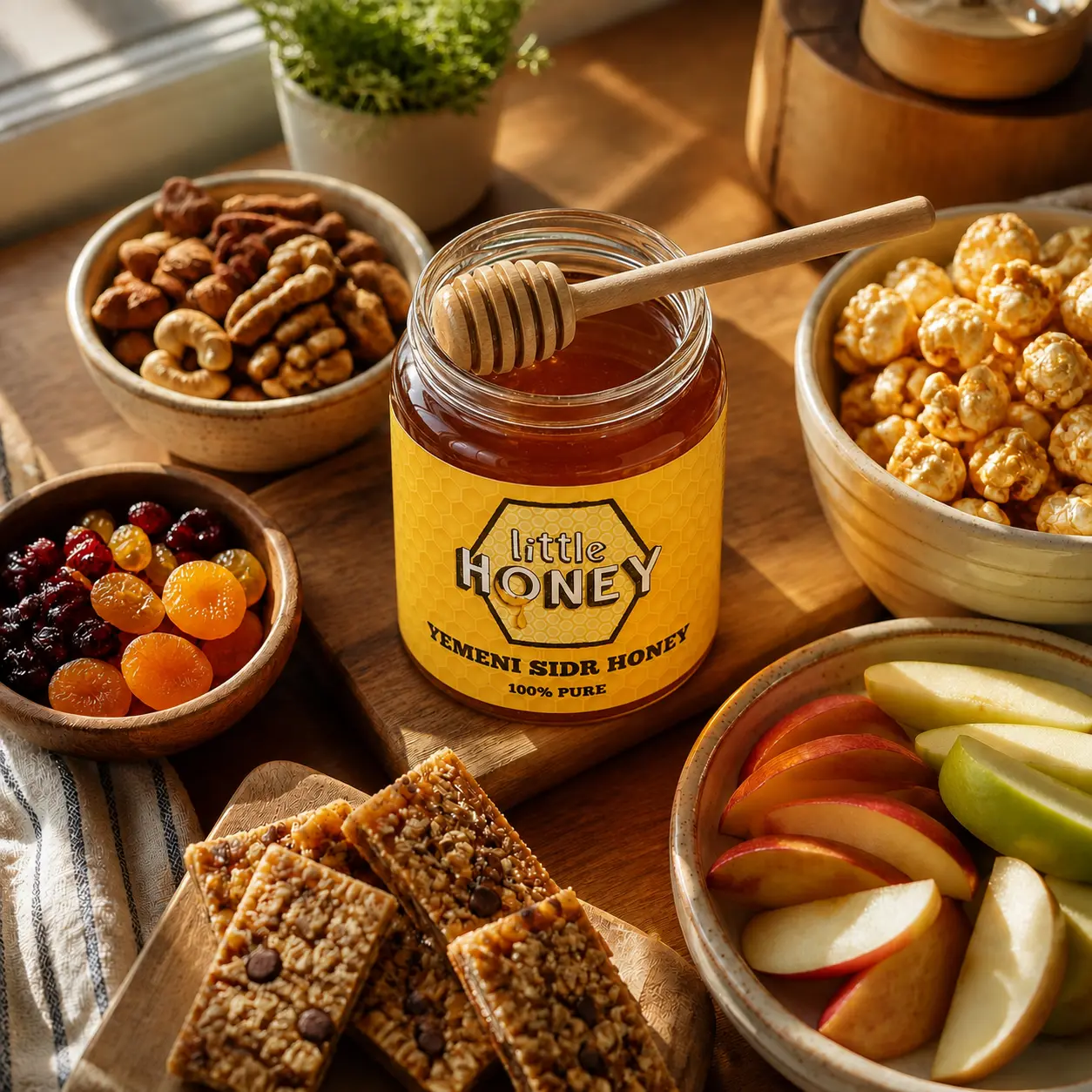 Pure honey jar surrounded by nuts, popcorn, and fruit slices for healthy Honey Snacks.