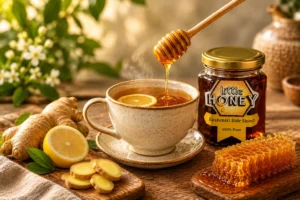 Honey dipper pouring honey into hot tea cup with ginger slices for Honey and Ginger Tea.