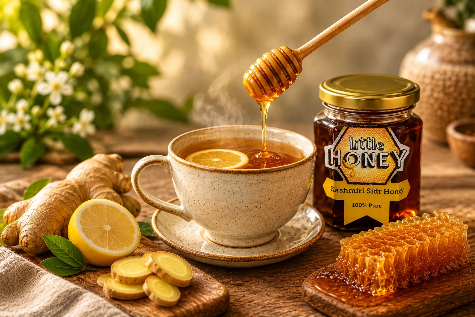 Honey dipper pouring honey into hot tea cup with ginger slices for Honey and Ginger Tea.