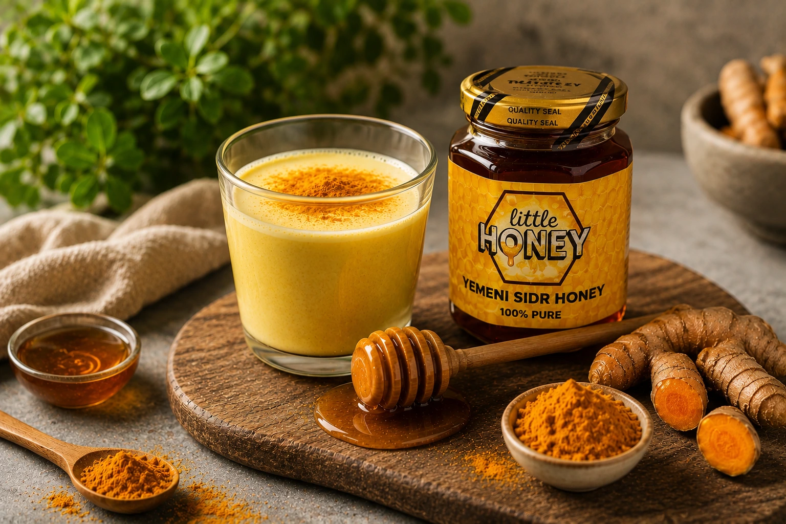 Golden turmeric milk glass beside honey jar and roots for Honey and Turmeric remedy.